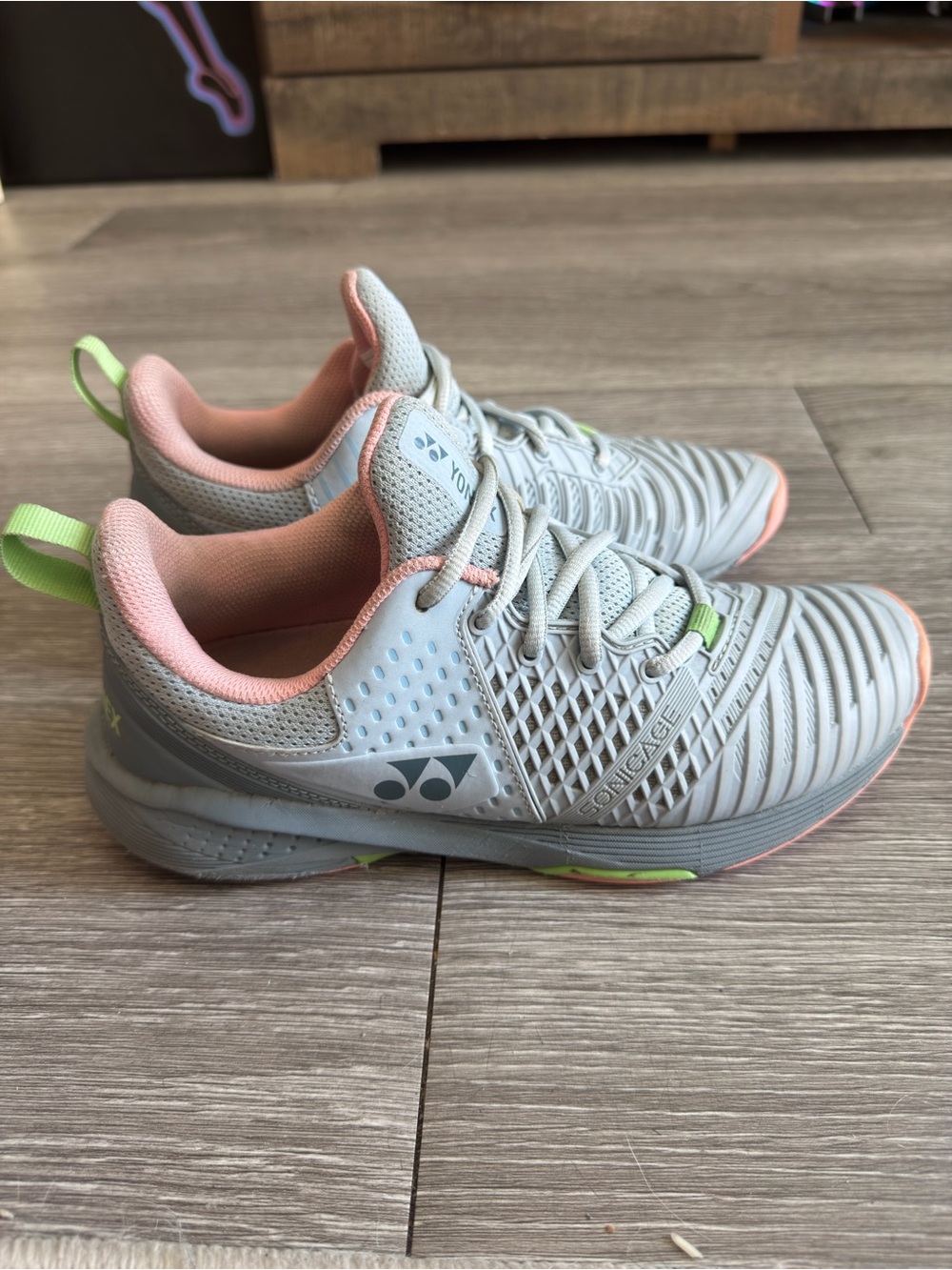 Onex Women's Grey Tennis Shoes with Pink and Neon Green Accents Size 7